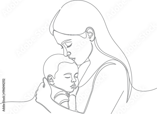 Continuous line art illustration of a loving mother gently kissing her sleeping baby, symbolizing deep maternal bond and tenderness.