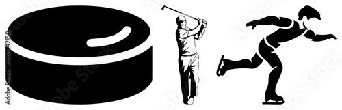 Black and white vector of sports hockey puck, golf swing, ice skater, stylized athletic silhouettes, flat design, isolated graphics.