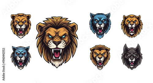 Collection of Fierce Animal Head Designs Featuring Lions Tigers and Wolves Expressing Aggression and Power for Sport or Gaming Emblems