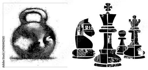 Halftone kettle and chess pieces, vector art with textured fills, isolated foreground, stylized game and kitchen items.