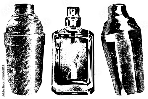 Vector halftone illustration of perfume bottles and cocktail shaker, retro graphic design, isolated objects, black and white, stylized containers, fragrance packaging, vintage aesthetic.