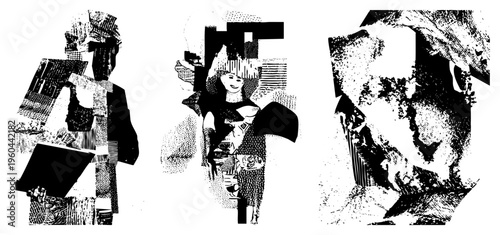 Stylized human forms composed of fragmented halftone textures, graphic art, vector cutouts, collage, artistic composition.