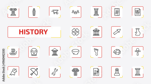 history outline icon set. 25 linear vector for ui, web and mobile. thin line column, mummy, wheelbarrow and more icons.