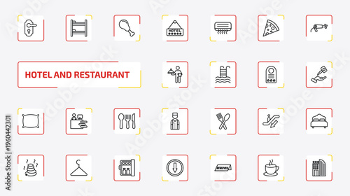 hotel and restaurant outline icon set. 25 linear vector for ui, web and mobile. thin line doorknob, bunk bed, fried chicken and more icons.