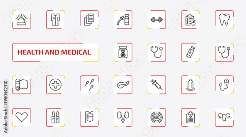 health and medical outline icon set. 25 linear vector for ui, web and mobile. thin line emergency, patient robe, records and more icons.