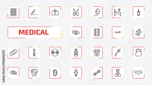 medical outline icon set. 25 linear vector for ui, web and mobile. thin line contraceptive pills, surgery, lung and more icons.