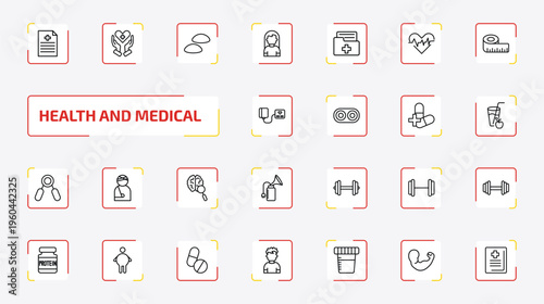 health and medical outline icon set. 25 linear vector for ui, web and mobile. thin line medical file, health care, breast implant and more icons.