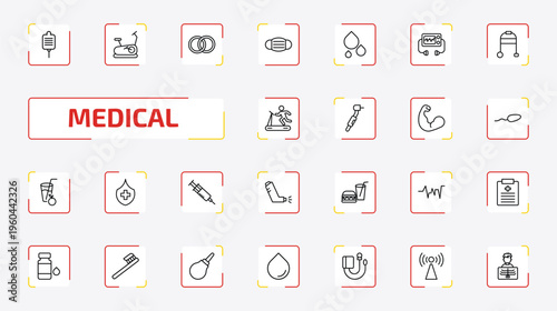 medical outline icon set. 25 linear vector for ui, web and mobile. thin line salt, stationary bike, rings and more icons.