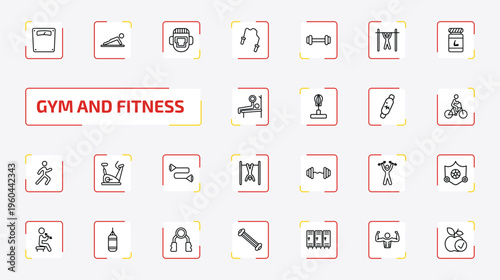 gym and fitness outline icon set. 25 linear vector for ui, web and mobile. thin line scale, , headgear and more icons.