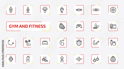 gym and fitness outline icon set. 25 linear vector for ui, web and mobile. thin line pulsometer, stick man hoop, broccoli porcion and more icons.