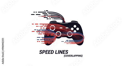 Abstract digital art featuring a video game controller with dynamic speed lines in red and black representing motion and fast action for