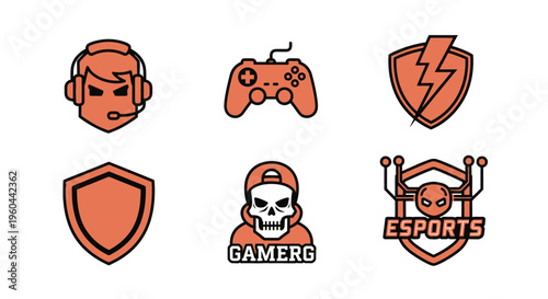 Collection of Modern Gaming and Esports Icons Featuring Headsets Controllers Shields and Skull Character for Digital Platforms