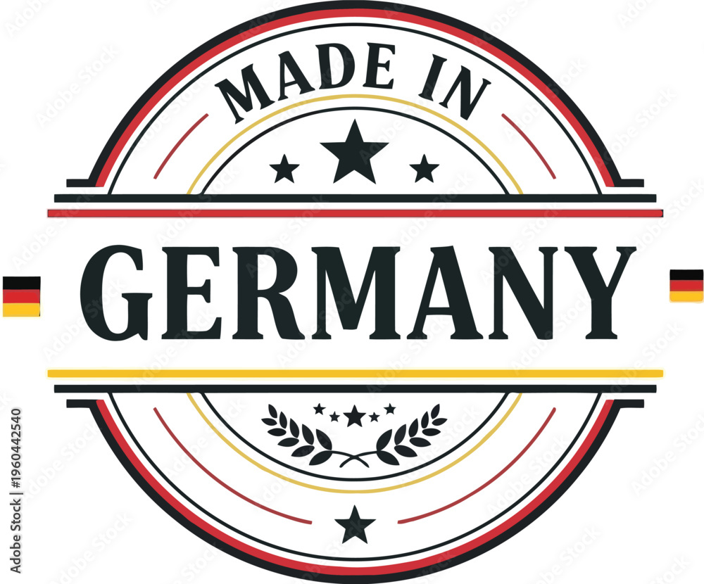 Fototapeta premium Made in Germany Stamp Label Design with German Flag Colors Isolated on White Background