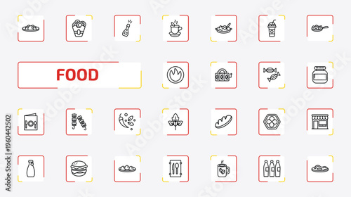 food outline icon set. 25 linear vector for ui, web and mobile. thin line yusheng, onion rings, champagne bottle and more icons.