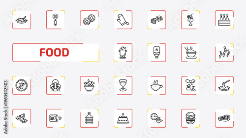 food outline icon set. 25 linear vector for ui, web and mobile. thin line shuizhu, slotted spoon, donuts and more icons.