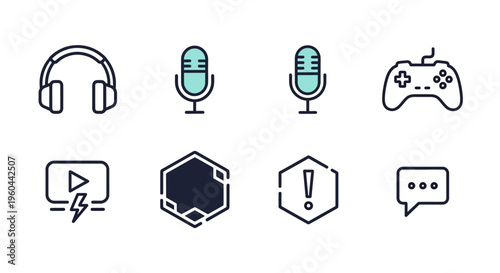 Collection of digital icons representing audio equipment gaming input devices and streaming symbols for online communication and content creation