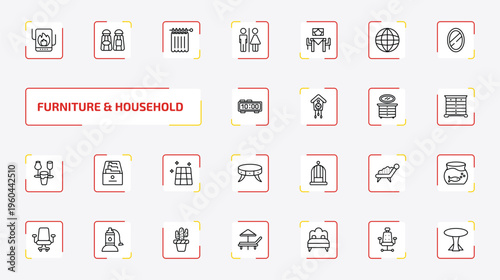 furniture & household outline icon set. 25 linear vector for ui, web and mobile. thin line heating unit, salt and pepper shakers, shower curtain and more icons.