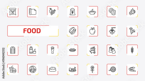 food outline icon set. 25 linear vector for ui, web and mobile. thin line organic food, wrapping, and grapes and more icons.
