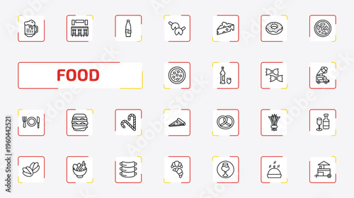 food outline icon set. 25 linear vector for ui, web and mobile. thin line jar of beer, cafe bar, plastic water bottle and more icons.