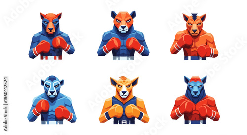 A collection of stylized animal characters, resembling a wolf, lion, and fox, in various color schemes, posed and ready for a boxing match, rendered in a striking, low-poly, geometric digita