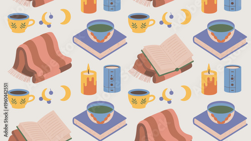 A cozy pattern of books, coffee cups, and candles on a soft background, evoking a sense of relaxation and reading.