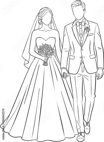 Elegant Wedding Couple Bride and Groom in Line Art Style, Hand-in-Hand Vector Illustration