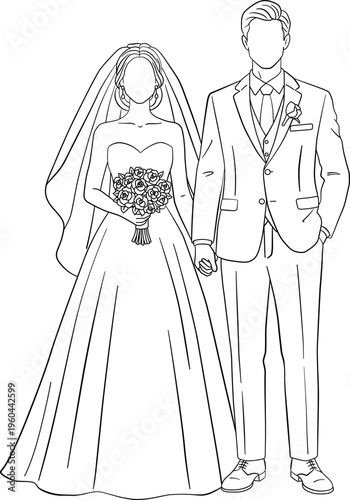 Elegant Wedding Couple Bride and Groom in Line Art Style, Hand-in-Hand Vector Illustration