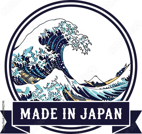 Quadro em tela Made in Japan Label with Great Wave off Kanagawa Illustration and Mount Fuji Emb