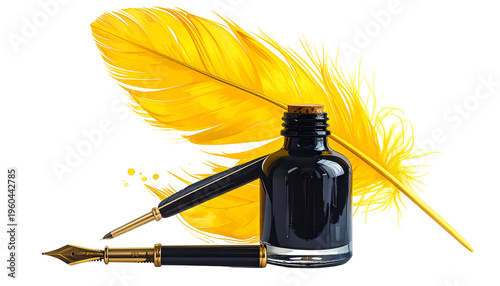 A vibrant yellow feather rests behind a pen and inkwell against a transparent background