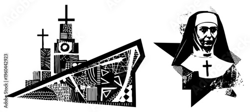 Stylized nun portrait with halftone texture beside abstract church with and blocks, graphic vector art, black and white design.