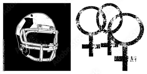 American football helmet sketch with faceguard, gender symbols trio, retro ink style, vector, symbolic, sports gear, feminist emblem.