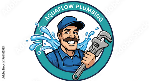 Cartoon plumber with wrench and water splash in circular logo for Aquaflow Plumbing.