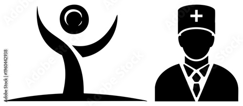 Stylized silhouette of joyful person with uplifted arms, healthcare worker with cap, flat design, wellness and medical care symbols.