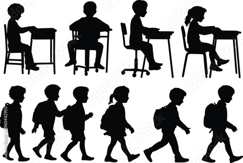 Black silhouette of school children walking with backpacks and sitting at desks for education and back to school design elements.