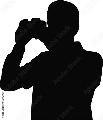 Black Silhouette of Professional Photographer Holding Digital Camera Taking Photo Isolated on White Background for Media Production and Creative Design Projects