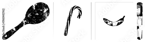 Distressed black and white vector of spatula, candy cane, banana, and comb, with grunge texture, ideal for retro design projects, kitchen graphics, or holiday themes.
