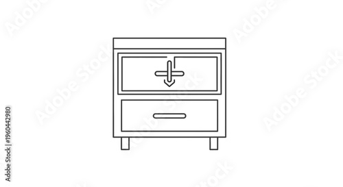 Minimalist line art icon of a furniture item, a cabinet with an interactive element for arranging