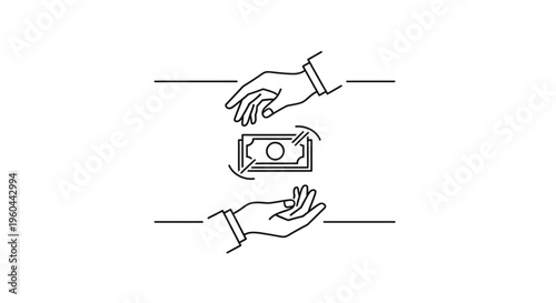 Line art depiction of a financial transaction showing hands transferring funds or value