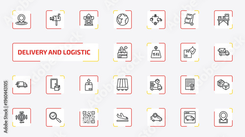 delivery and logistic outline icon set. 25 linear vector for ui, web and mobile. thin line tracking, postbox, post office and more icons.