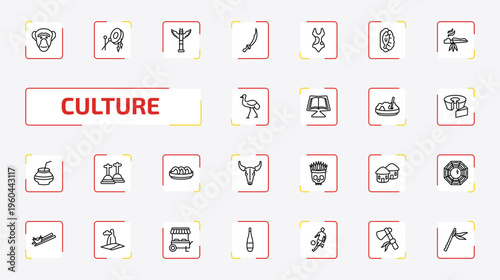 culture outline icon set. 25 linear vector for ui, web and mobile. thin line chimp face of brazil, native american drum, native american totem and more icons.