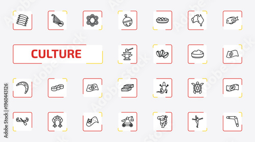 culture outline icon set. 25 linear vector for ui, web and mobile. thin line pork ribs, kankles, israel star of david and more icons.