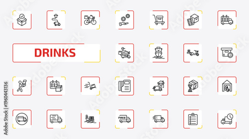 drinks outline icon set. 25 linear vector for ui, web and mobile. thin line package checking, delivery destination, delivery by bike and more icons.