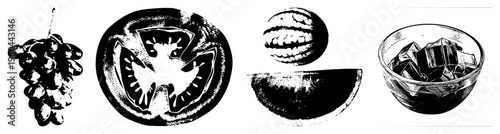 Grapes cluster, sliced tomato, watermelon halves, ice cubes in bowl food, halftone texture, isolated vector graphics for design.