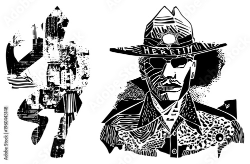 Law enforcement officer in cowboy hat, star emblem, detailed shirt, bold, noir aesthetic, isolated vector art.
