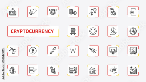 cryptocurrency outline icon set. 25 linear vector for ui, web and mobile. thin line sell, donate, withdraw and more icons.