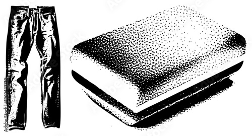 Vintage style denim jeans paired with a halftone rendered cushion, vector illustration, fashion and home decor combo, black and white graphic design.