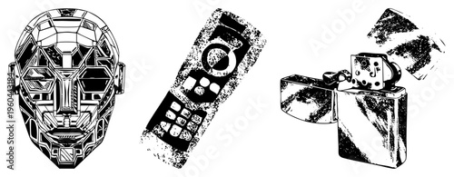 Abstract geometric mask, vintage remote control, classic lighter, black and white vector art, isolated tech and retro objects.