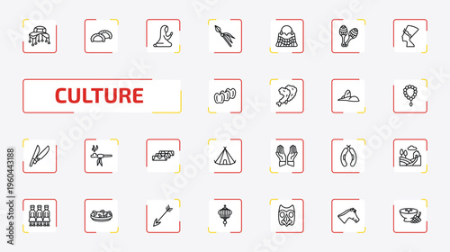 culture outline icon set. 25 linear vector for ui, web and mobile. thin line cork hat, meat pie, muslim praying and more icons.