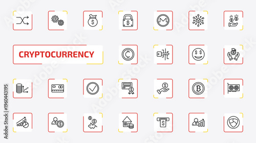 cryptocurrency outline icon set. 25 linear vector for ui, web and mobile. thin line random, economy gear, money bag and more icons.