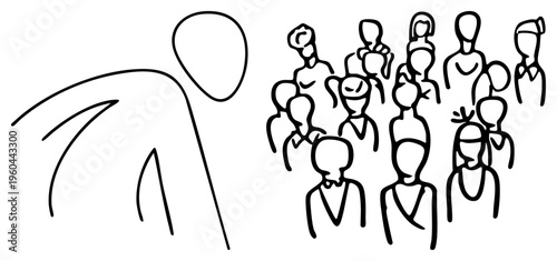 Abstract of presenter gesturing to, minimalist crowd illustration, public speaking scene, presentation graphic, speaker, silhouette, talk show.